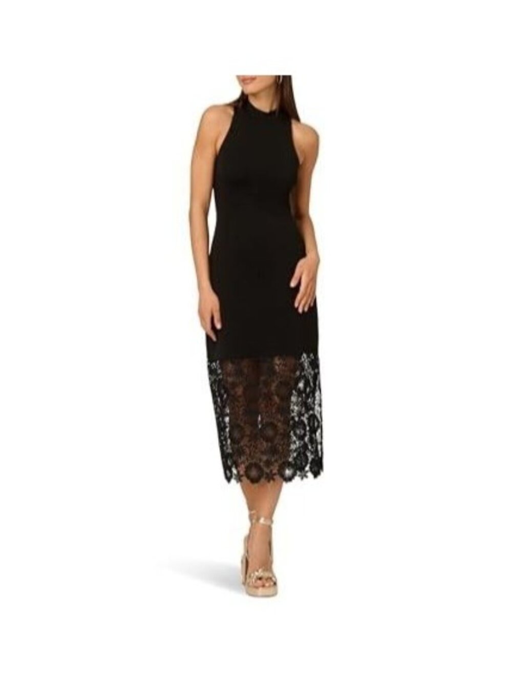 Adrianna Papell Womens Knit Lace Hem MIDI Dress Black Size 8 NWT